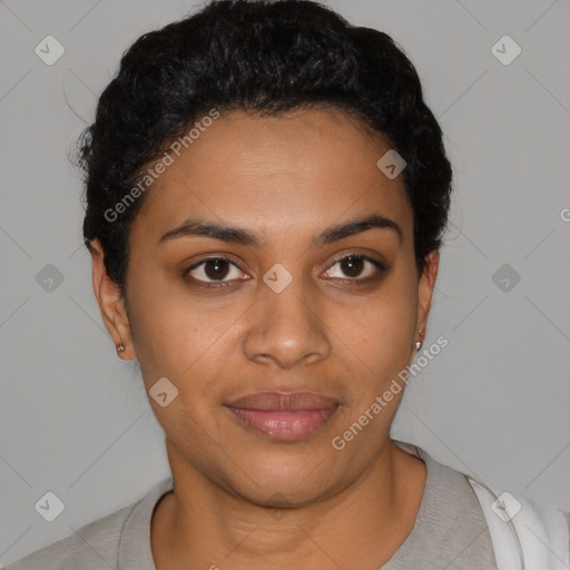 Joyful latino young-adult female with short  black hair and brown eyes