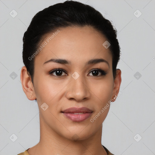 Joyful latino young-adult female with short  brown hair and brown eyes