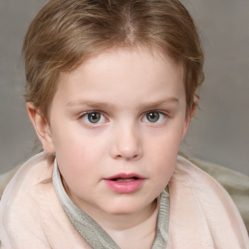 Neutral white child female with medium  brown hair and blue eyes