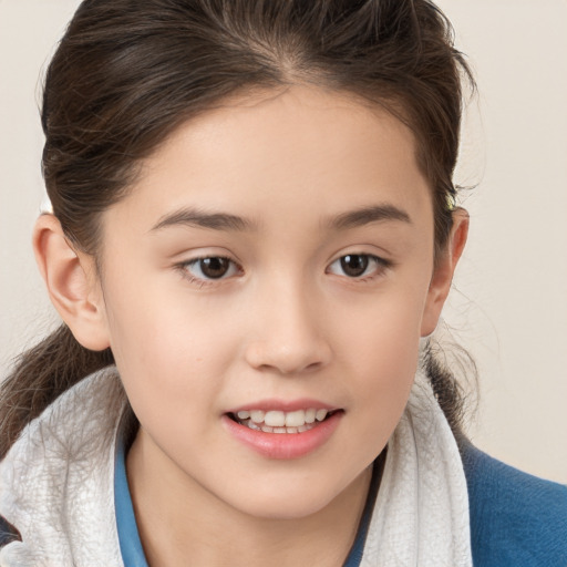 Joyful white child female with medium  brown hair and brown eyes