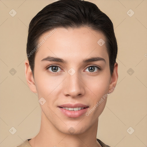 Joyful white young-adult female with short  brown hair and brown eyes