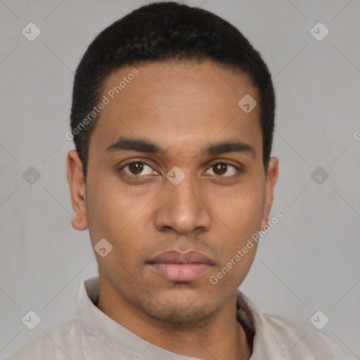 Neutral latino young-adult male with short  black hair and brown eyes