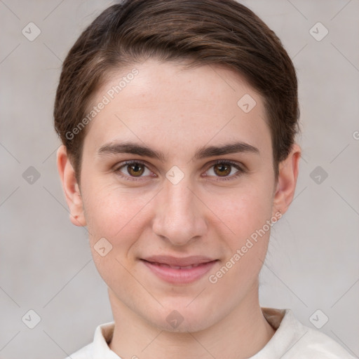 Joyful white young-adult female with short  brown hair and grey eyes