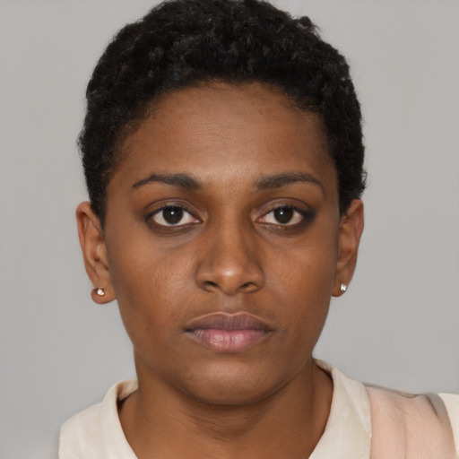 Neutral black young-adult female with short  brown hair and brown eyes
