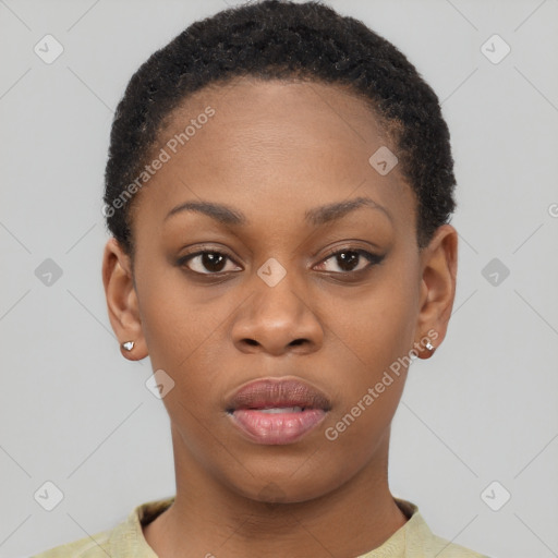 Neutral black young-adult female with short  black hair and brown eyes