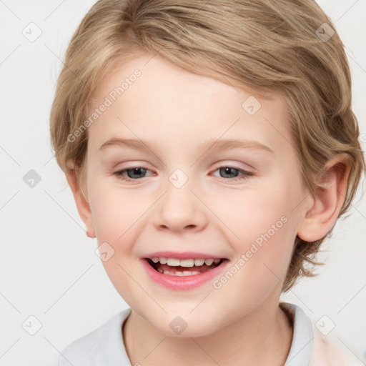 Joyful white child female with medium  brown hair and brown eyes