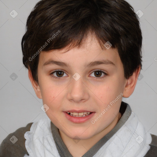 Joyful white child female with short  brown hair and brown eyes