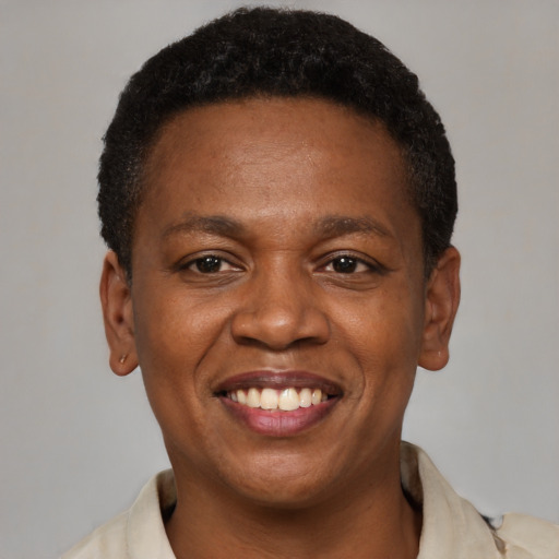 Joyful black young-adult male with short  brown hair and brown eyes