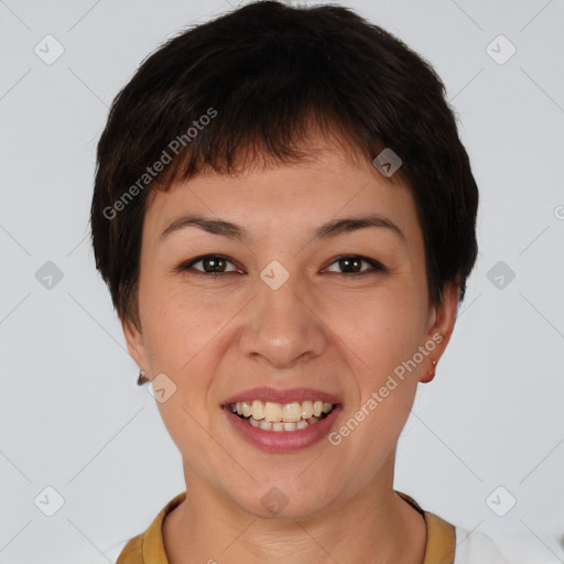 Joyful white young-adult female with short  brown hair and brown eyes