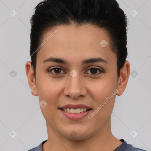 Joyful white young-adult female with short  brown hair and brown eyes