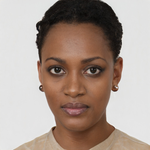 Joyful black young-adult female with short  black hair and brown eyes