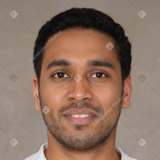 Neutral latino young-adult male with short  black hair and brown eyes