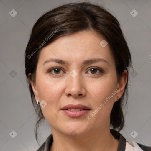 Joyful white young-adult female with medium  brown hair and grey eyes