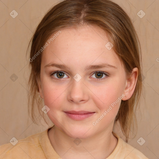 Joyful white child female with medium  brown hair and brown eyes