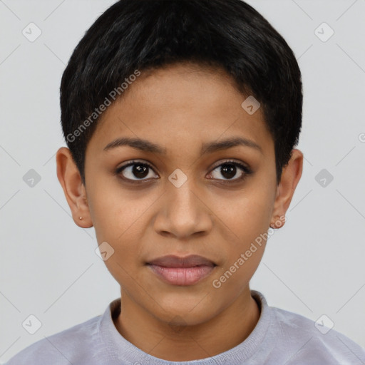 Joyful latino young-adult female with short  brown hair and brown eyes