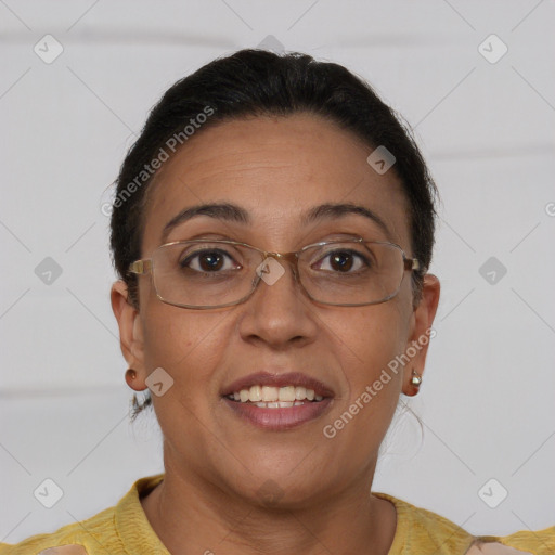 Joyful white adult female with short  brown hair and brown eyes