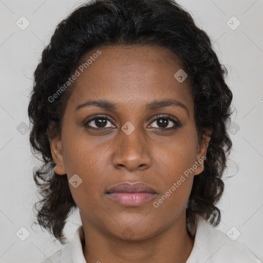 Joyful black young-adult female with medium  brown hair and brown eyes