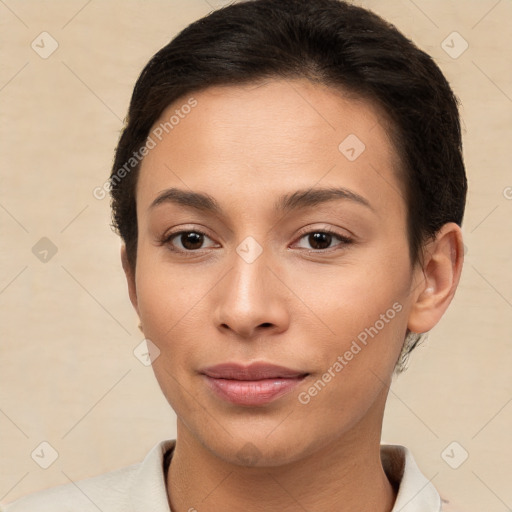 Joyful white young-adult female with short  brown hair and brown eyes