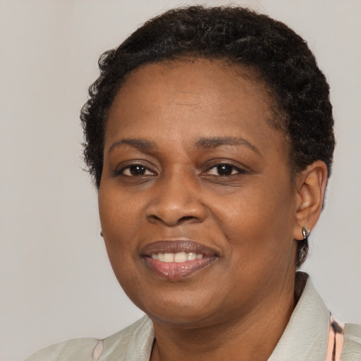 Joyful black adult female with short  brown hair and brown eyes