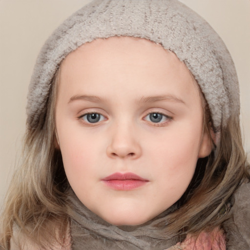 Neutral white child female with medium  brown hair and blue eyes