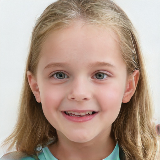 Joyful white child female with medium  brown hair and blue eyes