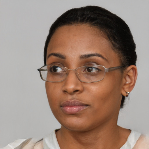 Neutral asian adult female with short  brown hair and brown eyes