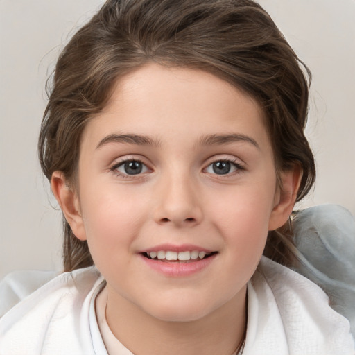 Joyful white child female with medium  brown hair and brown eyes