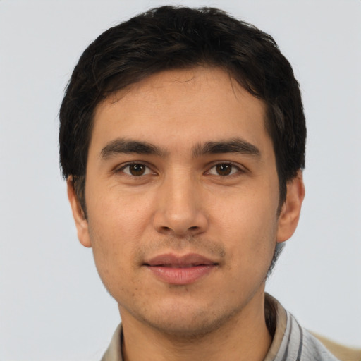 Neutral asian young-adult male with short  brown hair and brown eyes