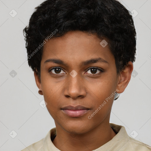 Neutral black young-adult female with short  black hair and brown eyes