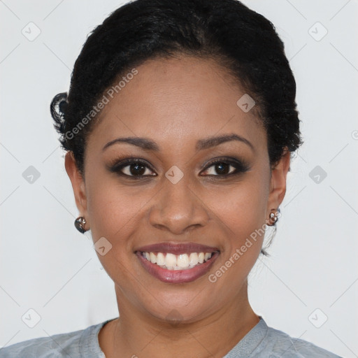 Joyful black young-adult female with short  brown hair and brown eyes