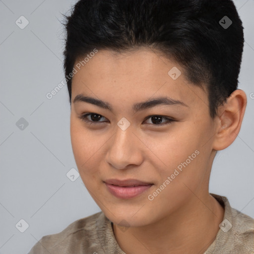 Joyful asian young-adult female with short  brown hair and brown eyes