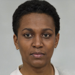 Neutral black young-adult female with short  black hair and brown eyes