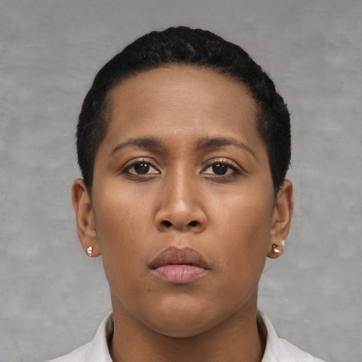Neutral asian young-adult female with short  brown hair and brown eyes