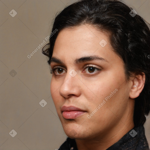 Neutral white young-adult female with medium  brown hair and brown eyes