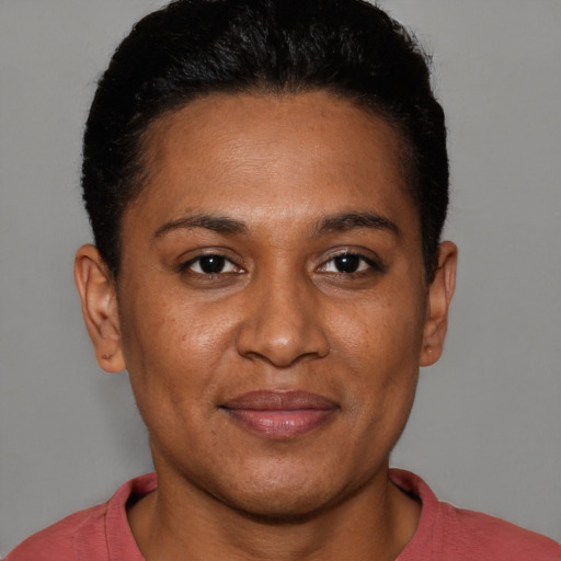Joyful black young-adult female with short  brown hair and brown eyes