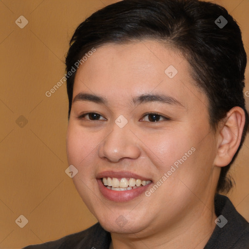 Joyful white young-adult female with medium  brown hair and brown eyes