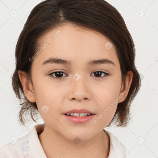 Joyful white child female with medium  brown hair and brown eyes