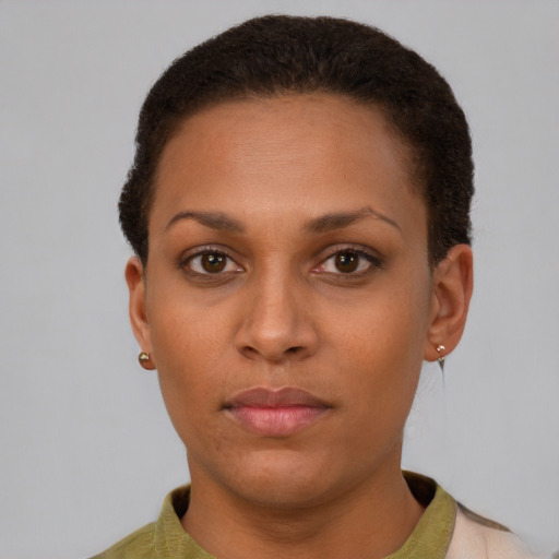 Neutral latino young-adult female with short  brown hair and brown eyes