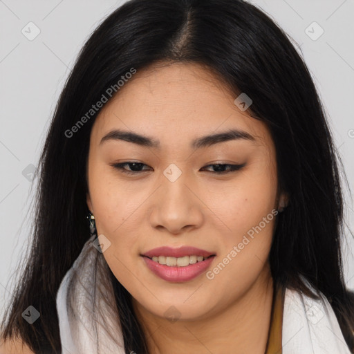 Joyful asian young-adult female with long  brown hair and brown eyes