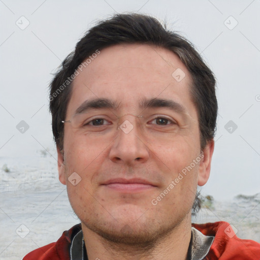 Neutral white adult male with short  brown hair and brown eyes