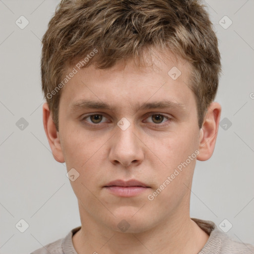 Neutral white young-adult male with short  brown hair and grey eyes