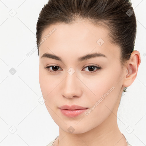 Neutral white young-adult female with medium  brown hair and brown eyes