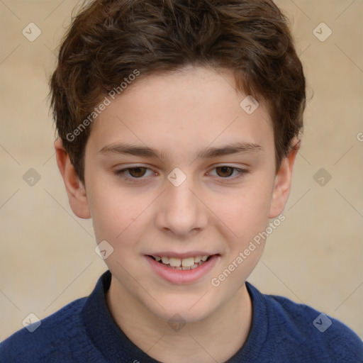 Joyful white child male with short  brown hair and brown eyes