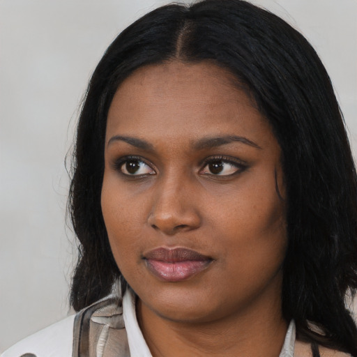Neutral asian young-adult female with long  black hair and brown eyes