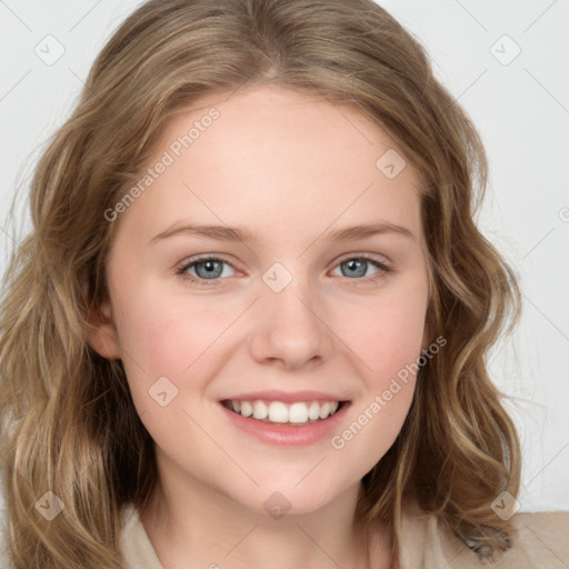 Joyful white young-adult female with medium  brown hair and green eyes