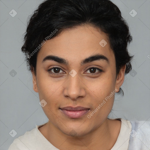 Joyful latino young-adult female with medium  black hair and brown eyes