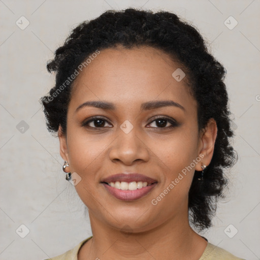 Joyful latino young-adult female with medium  black hair and brown eyes