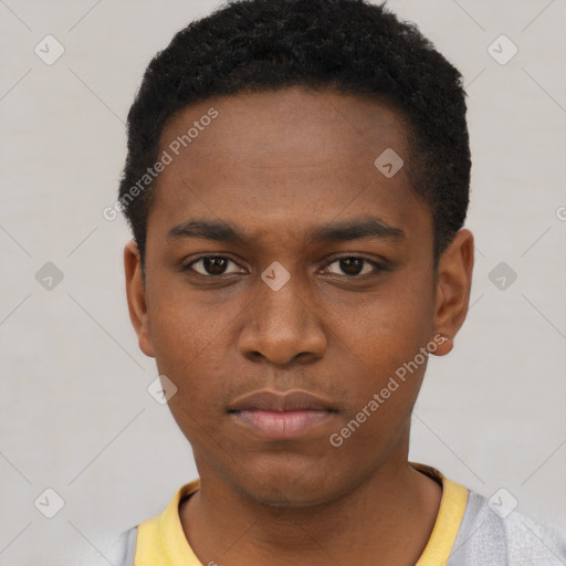 Neutral black young-adult male with short  black hair and brown eyes
