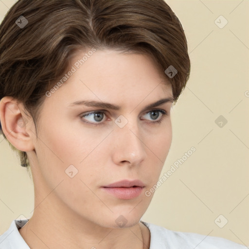 Neutral white young-adult female with short  brown hair and brown eyes