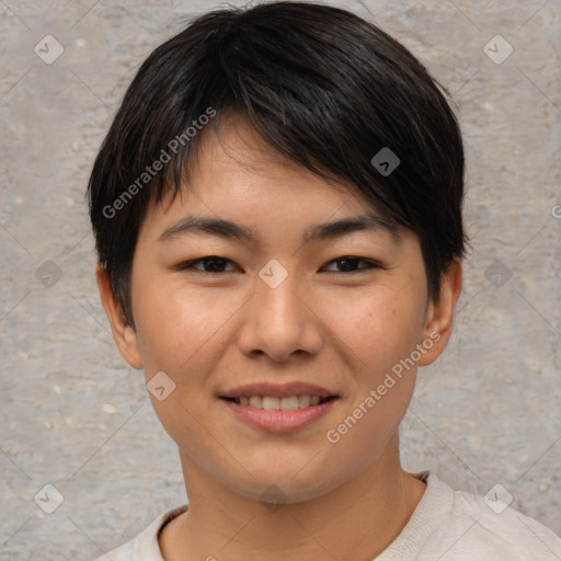 Joyful asian young-adult female with short  brown hair and brown eyes